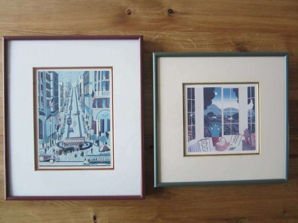Lot de 2 petits tableaux bordeau et vert avec image