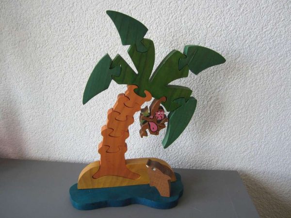 Puzzle : 14 pièces en bois formant un palmier avec singe