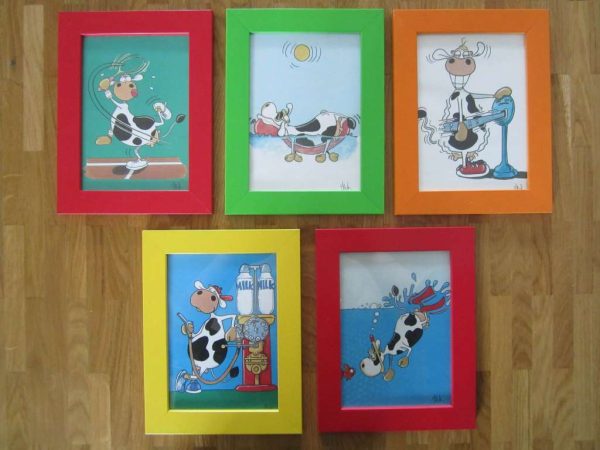 Lot de 5 cadres colorés avec image vache (d'occasion)