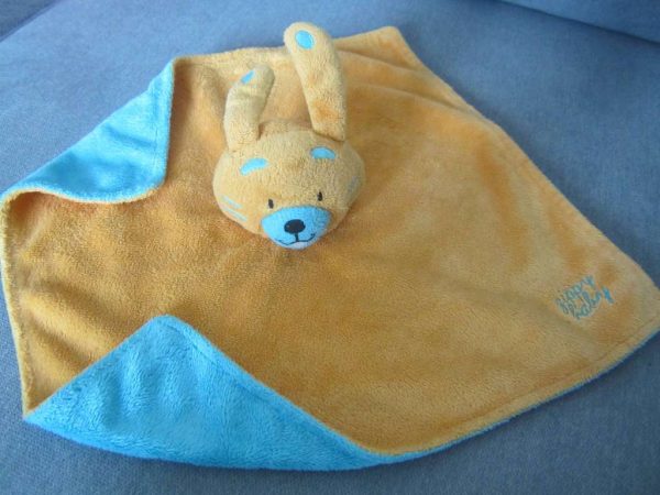 Doudou lapin Zippy baby orange et bleu : selon photo